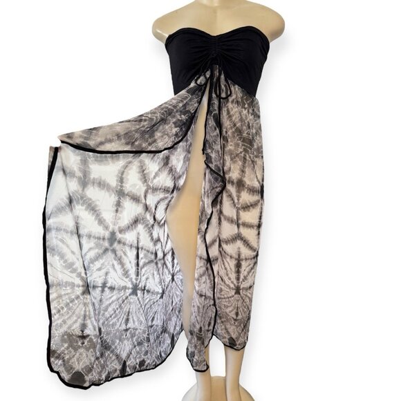 Raviya Swim Ruched Strapless Cover Up Open Flyaway Dress Sheer Tie-Dyed‎ Black - Picture 6 of 14